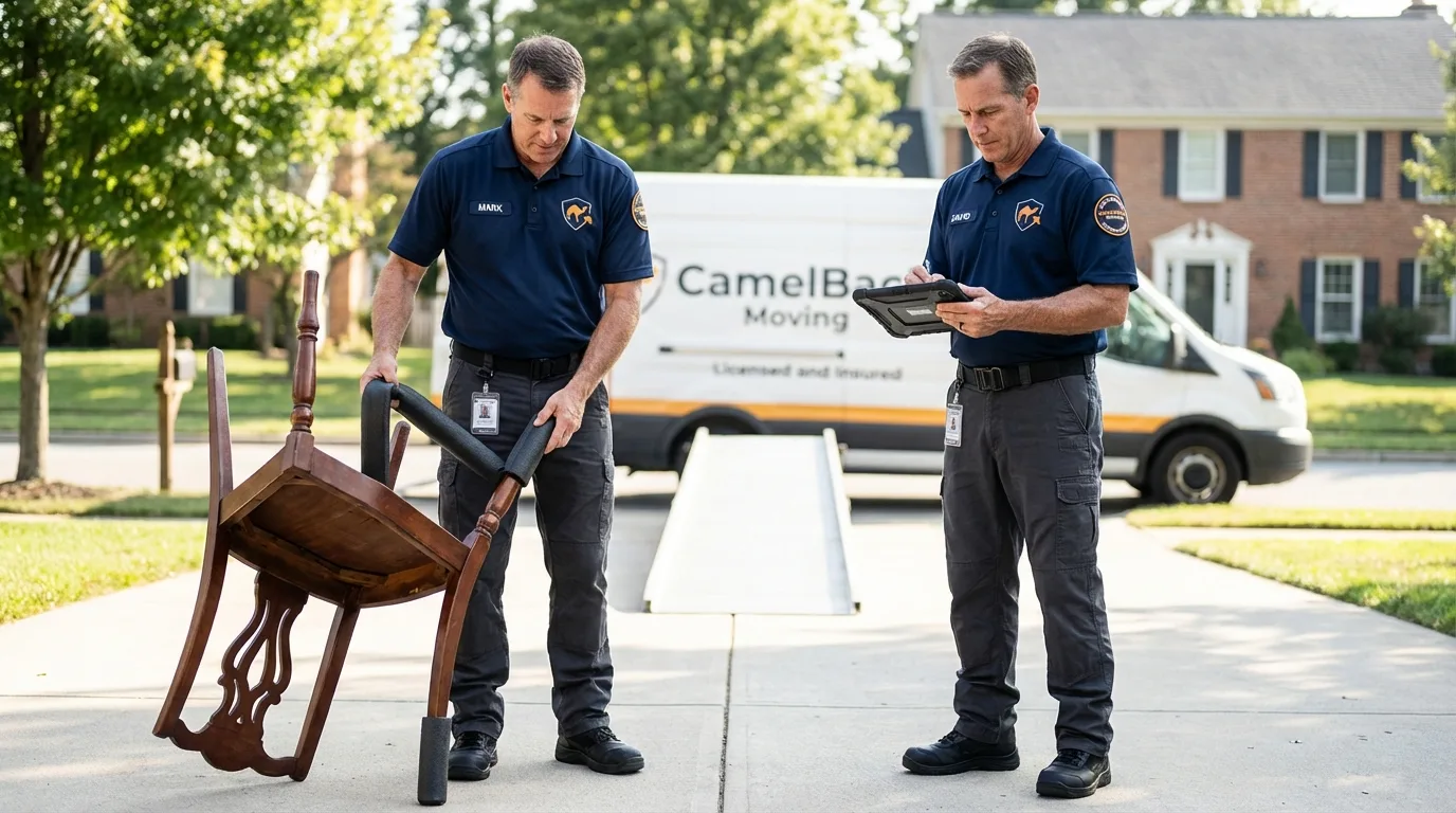 Movers inspecting furniture for damage prevention before loading in Twin Lakes, CO
