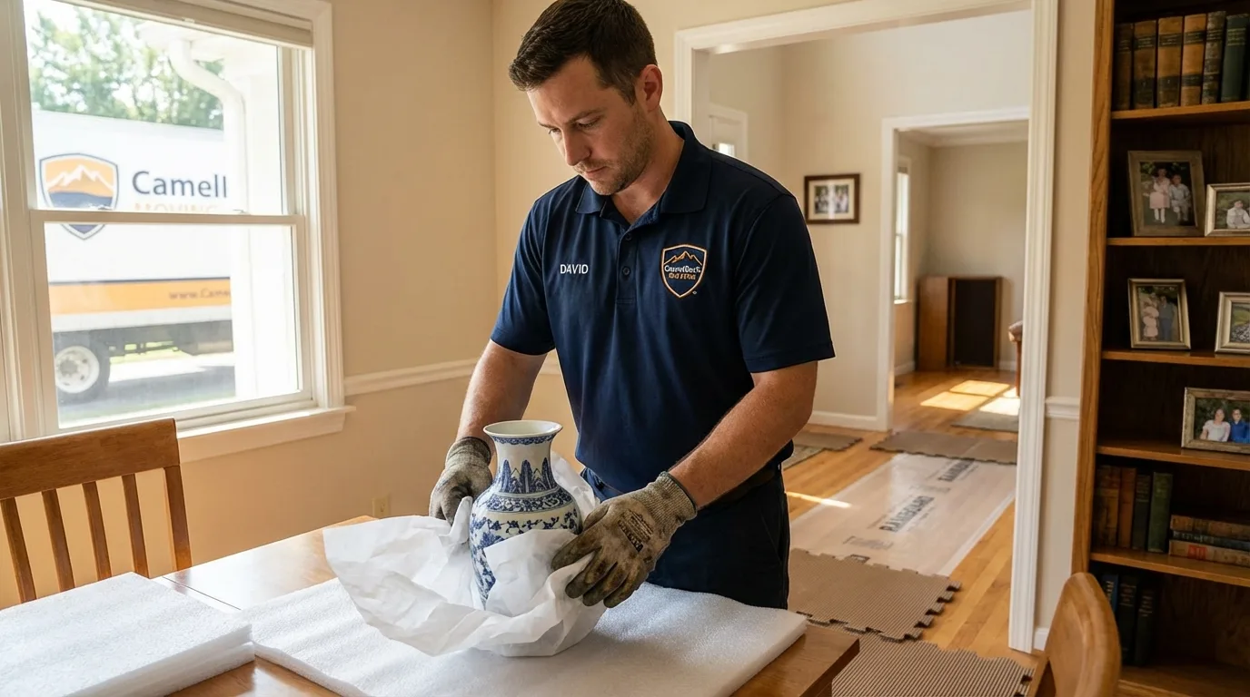 Professional crew carefully wrapping antique vase for senior downsizing move in Twin Lakes, CO